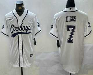 Men%27s Dallas Cowboys #7 Trevon Diggs White With Navy Name Cool Base Stitched Baseball Jersey
